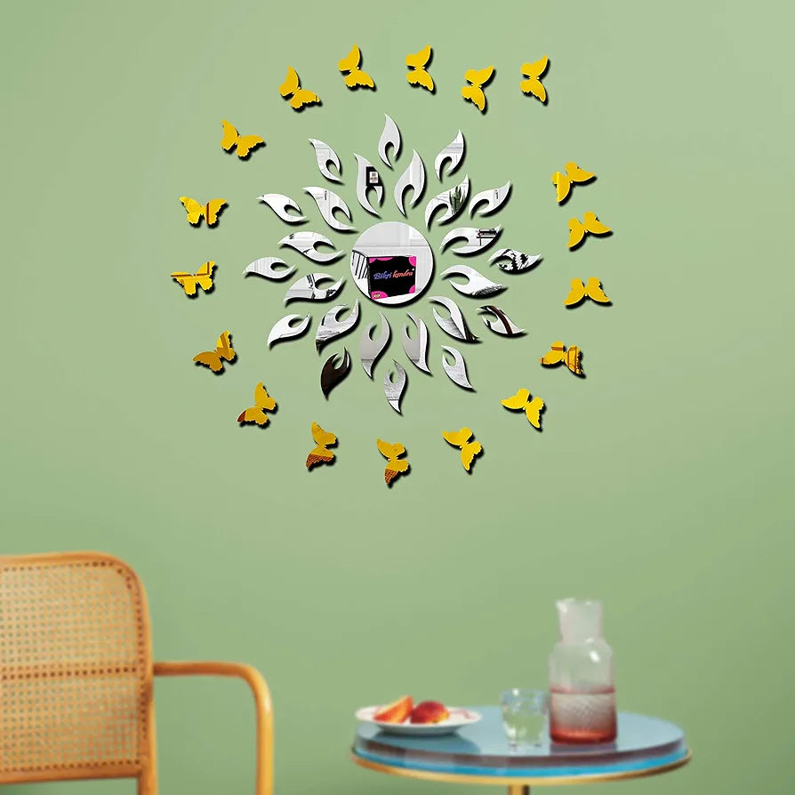 Bikri Kendra Sun Brown with Butterfly 20 Brown Decorative Mirror Stickers for Wall Wall Mirror Stickers 3D Acrylic