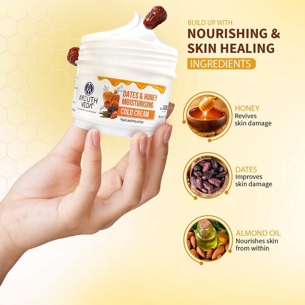 Ayouthveda Dates & Honey Moisturising Cold Cream| Deep Nourishing & Skin Hydrating Moisturizer | Removes Skin Dryness With Fast Observing & Non-Greasy Solution (Pack of 1-50g)