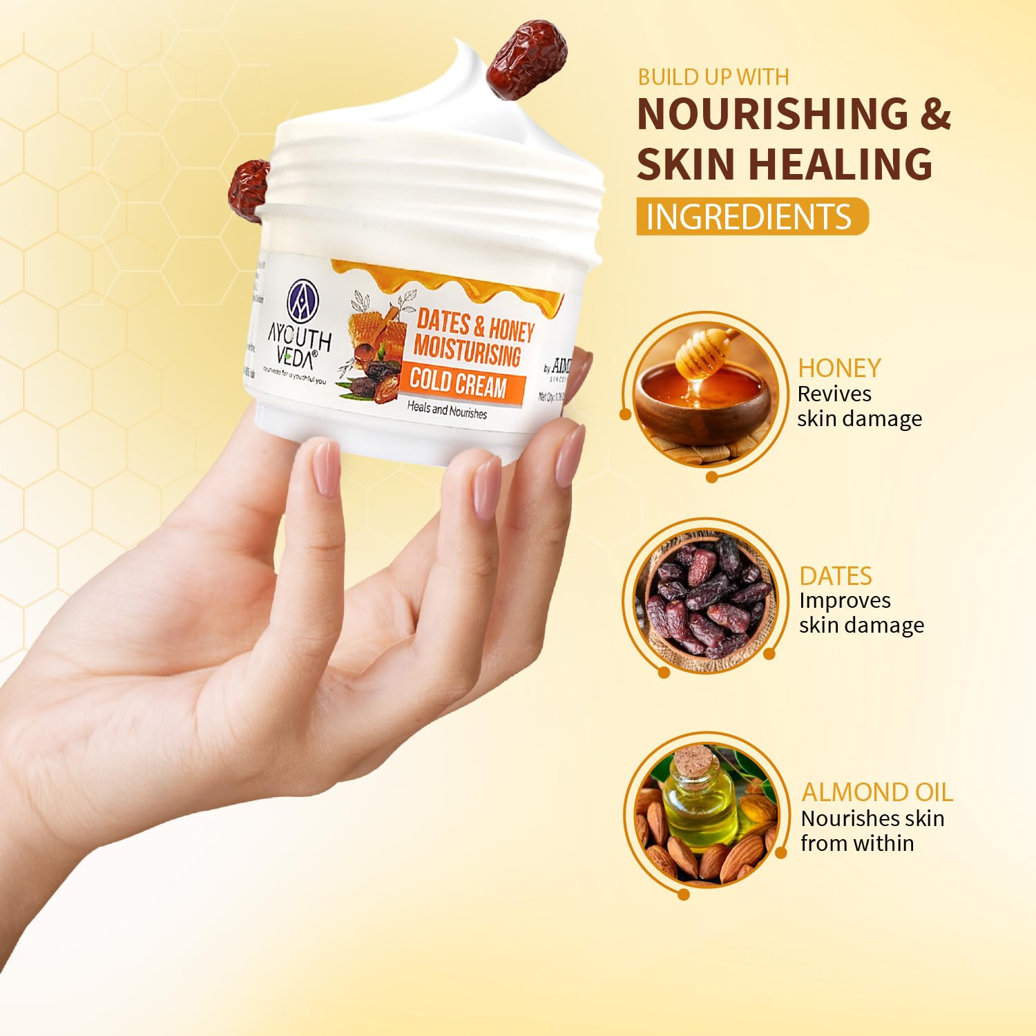 Ayouthveda Dates & Honey Moisturising Cold Cream| Deep Nourishing & Skin Hydrating Moisturizer | Removes Skin Dryness With Fast Observing & Non-Greasy Solution (Pack of 1-50g)