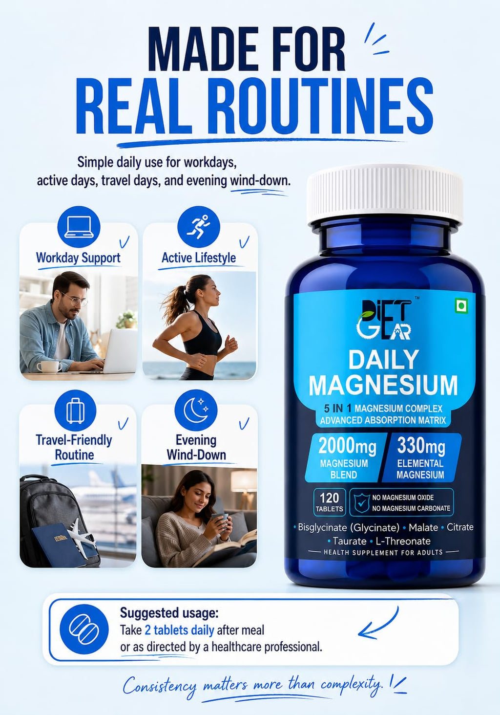 DIET GEAR 2000mg Magnesium Glycinate Complex 5 in 1, 330mg Elemental, 120 Tablets | Bisglycinate, Citrate, Malate, Taurate, L-Threonate, NO OXIDE, NO CARBONATE | Sleep, Muscle & Stress Magnesium Supplement