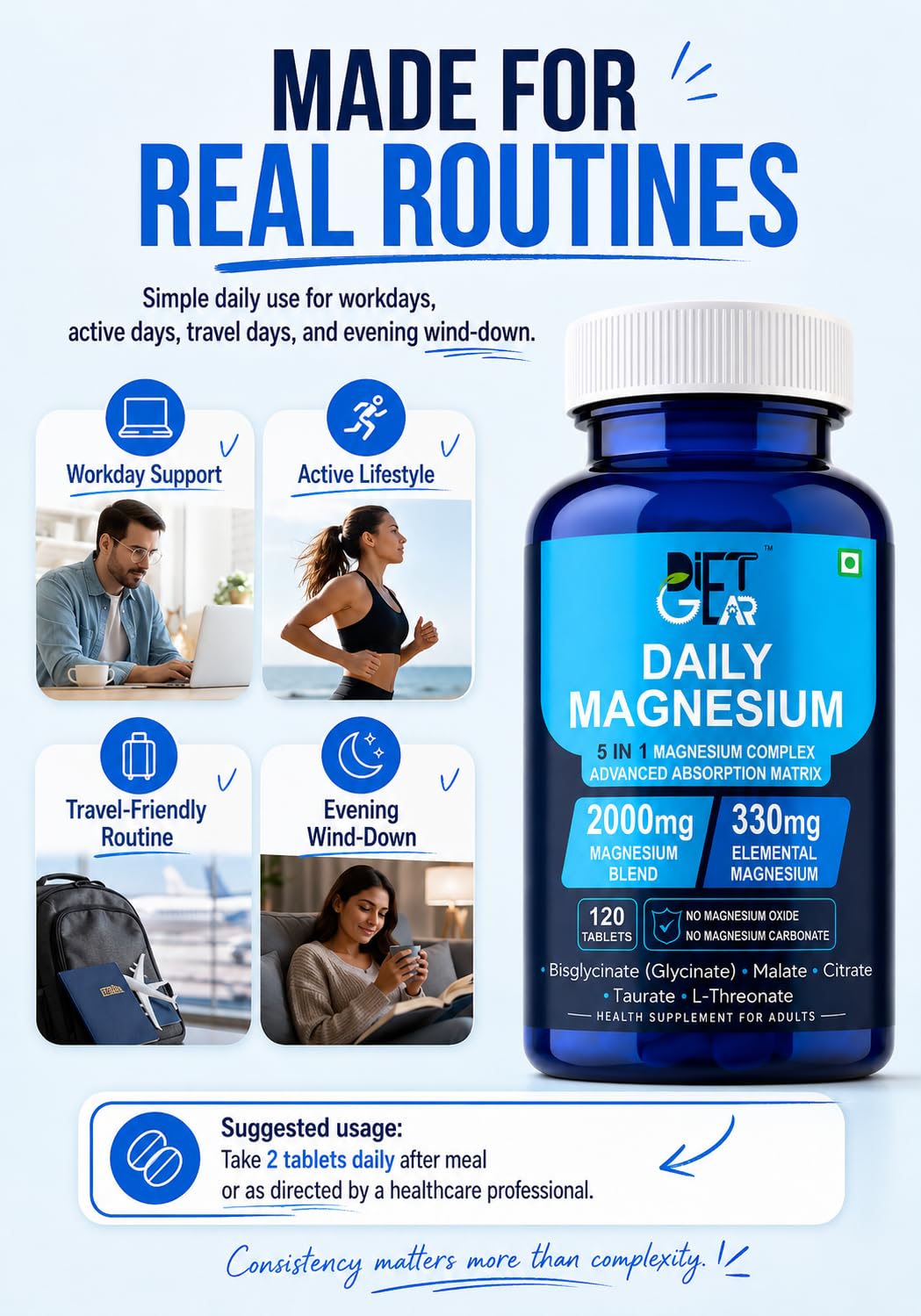 DIET GEAR 2000mg Magnesium Glycinate Complex 5 in 1, 330mg Elemental, 120 Tablets | Bisglycinate, Citrate, Malate, Taurate, L-Threonate, NO OXIDE, NO CARBONATE | Sleep, Muscle & Stress Magnesium Supplement