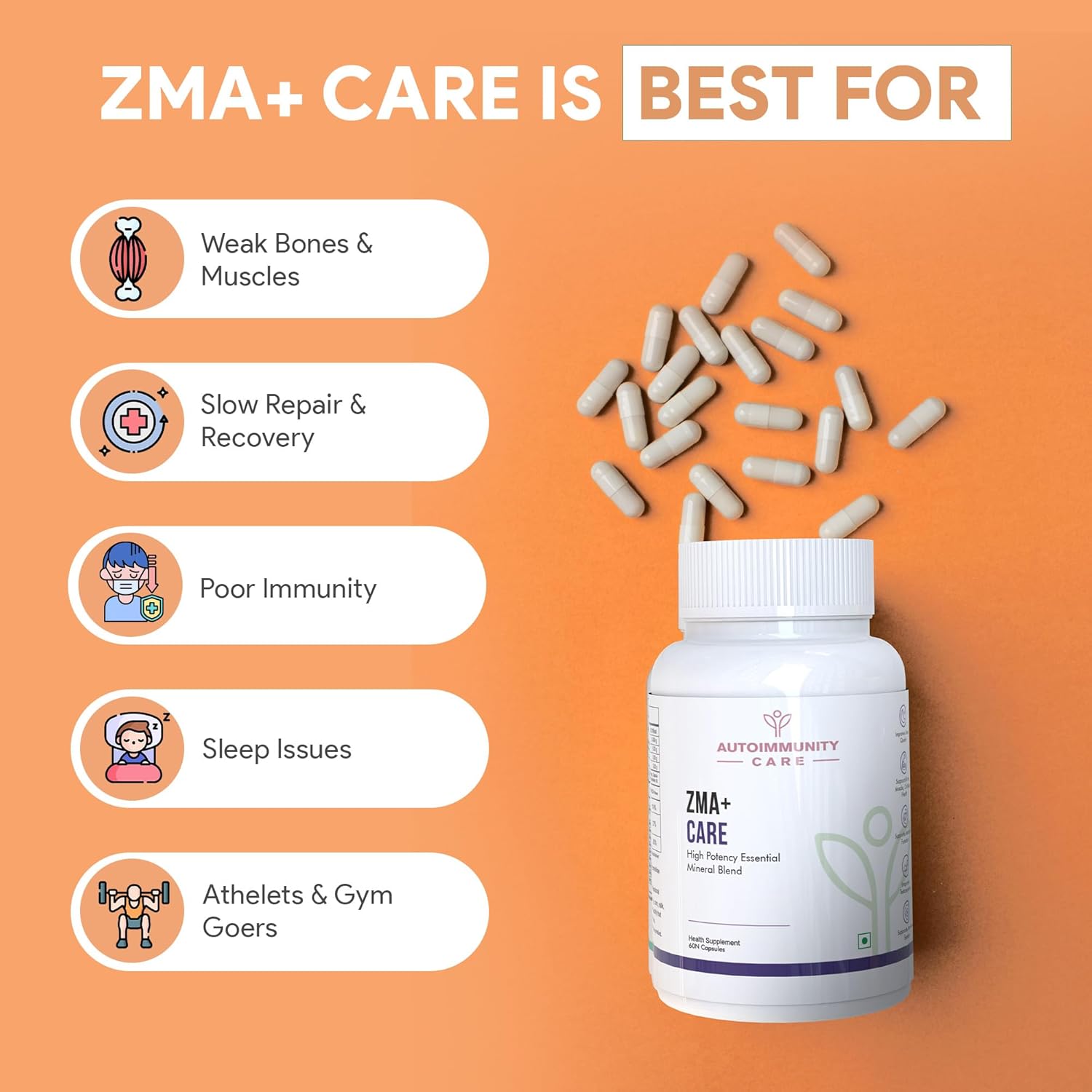 Autoimmunity Care ZMA+ Care | Zinc Magnesium Supplement with Vitamin B6 | Supports Sleep, Muscle Recovery, Brain Health, Immunity & Stress Relief | ZMA Supplement for Men & Women | 60 Caps (30 doses)