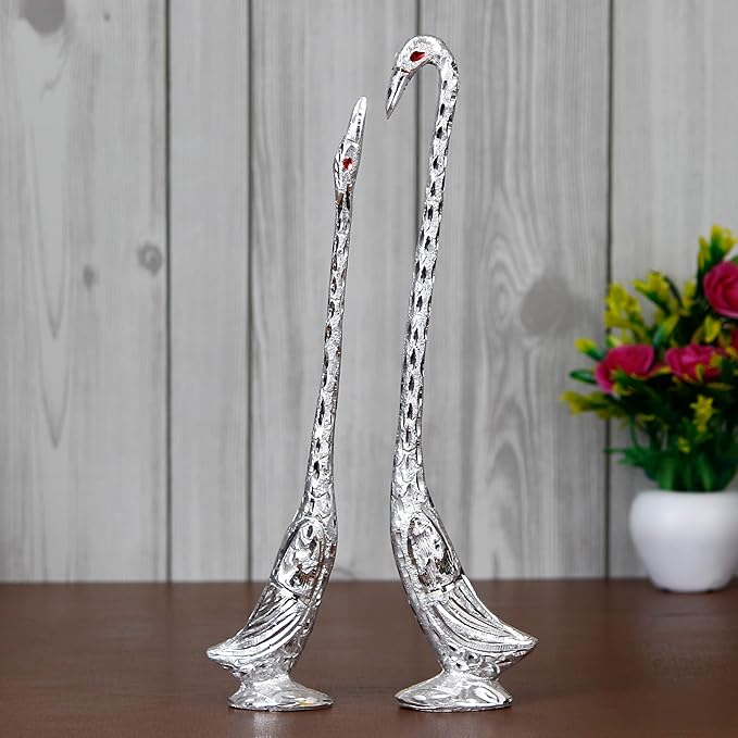 Ecraftindia Silver Metal Handcrafted Kissing Swan Couple Statues Love Birds Figurines Decorative Showpieces