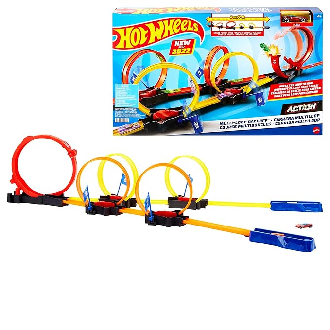 Hot Wheels Multi-Loop Race Off Playset with 1 Car Knock Down Flags to Score Points