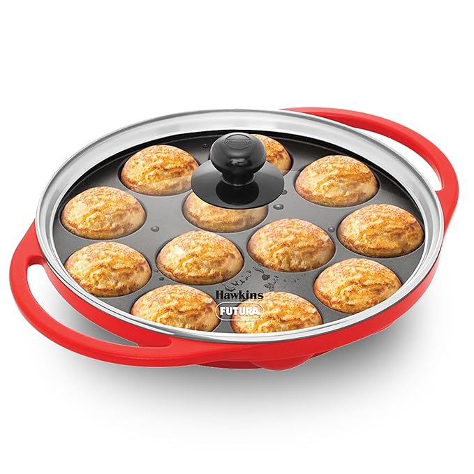 Hawkins Nonstick Appe Pan with Glass Lid, 12 Cups, Diameter Black Cast Aluminium, Red
