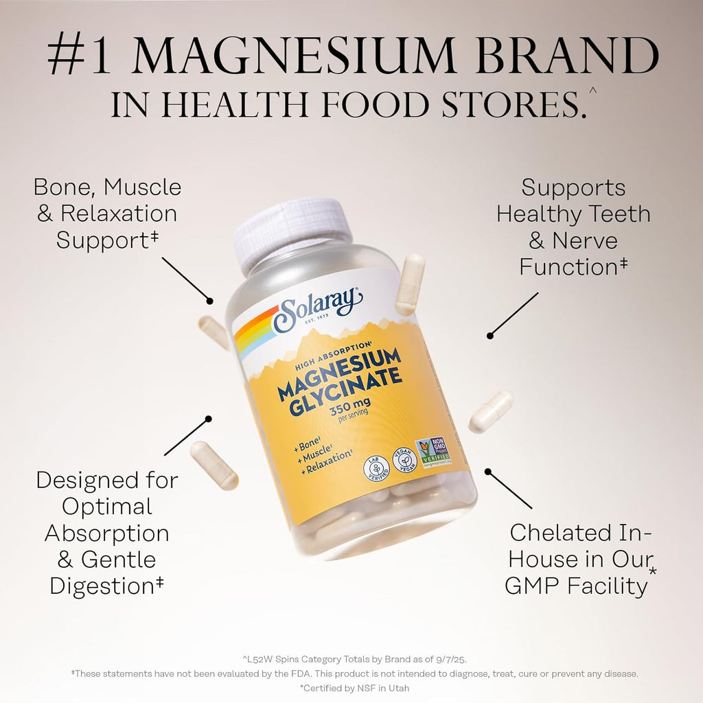 SOLARAY Magnesium Glycinate Capsules, Chelated Magnesium Bisglycinate w/BioPerine, Higher Absorption Magnesium Supplement - Bones, Muscles, Heart Support, Vegan (30 Servings, 120 VegCaps)