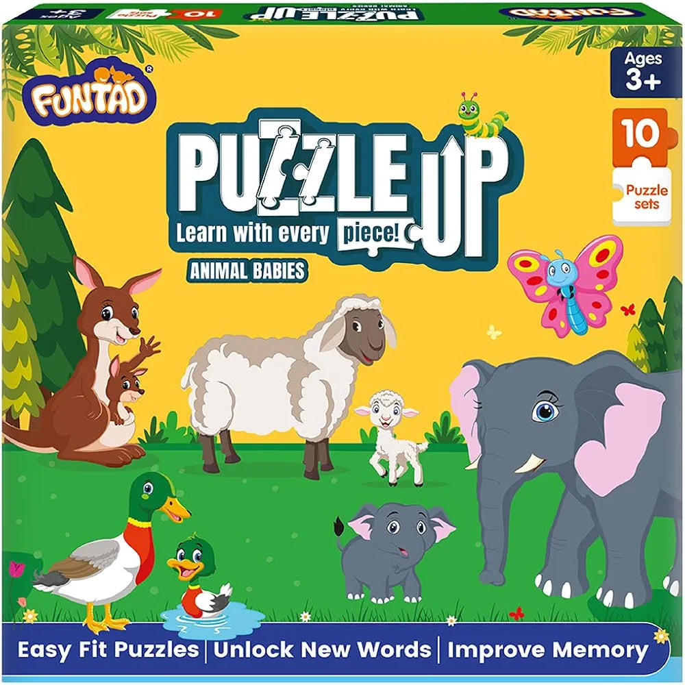 Funtad Puzzle Up Learn Animal Babies 10-in-1 Entry Level Puzzle 45 Big Size Jigsaw Pieces Montessori Educational Toy for Boys & Girls Age 3, 4 & 5 yrs