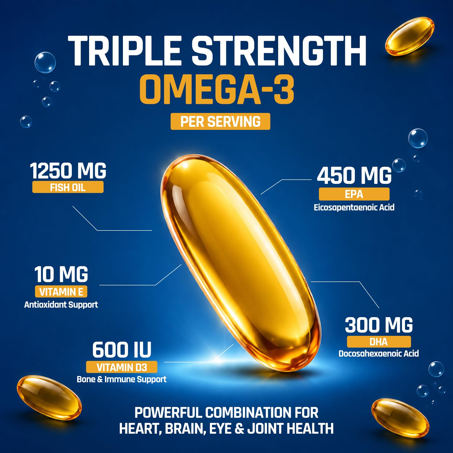 NATURALTEIN Ultimate Omega-3 plus Fish Oil 1250mg Triple Strength Softgel Capsules with vitamin D3 and E | 450mg EPA & 300mg DHA in Triglyceride Form for Better Absorption | Heart, Brain, Eye | 60 Softgel Capsules | 60-Day Supply