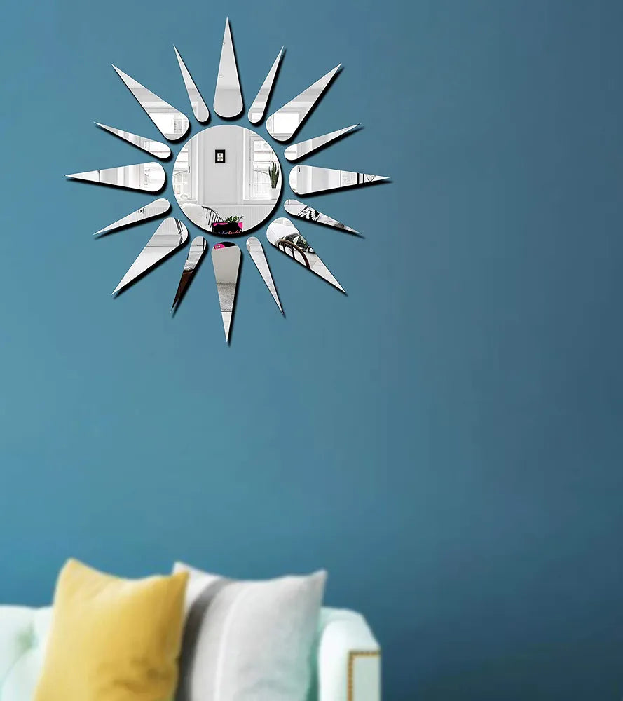 Bikri Kendra Sun Silver Model-2 Mirror Stickers for Wall, Acrylic Mirror Wall Decor Sticker