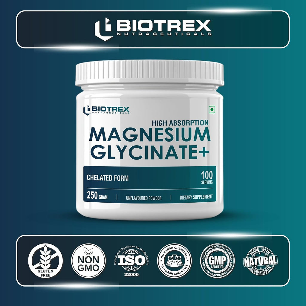 Biotrex Nutraceuticals Magnesium Bisglycinate Powder | Sleep, Cramps, Nerve & Muscle Health | Mood Balance & Energy Production | High Absorption - 250Gram (100 Servings)