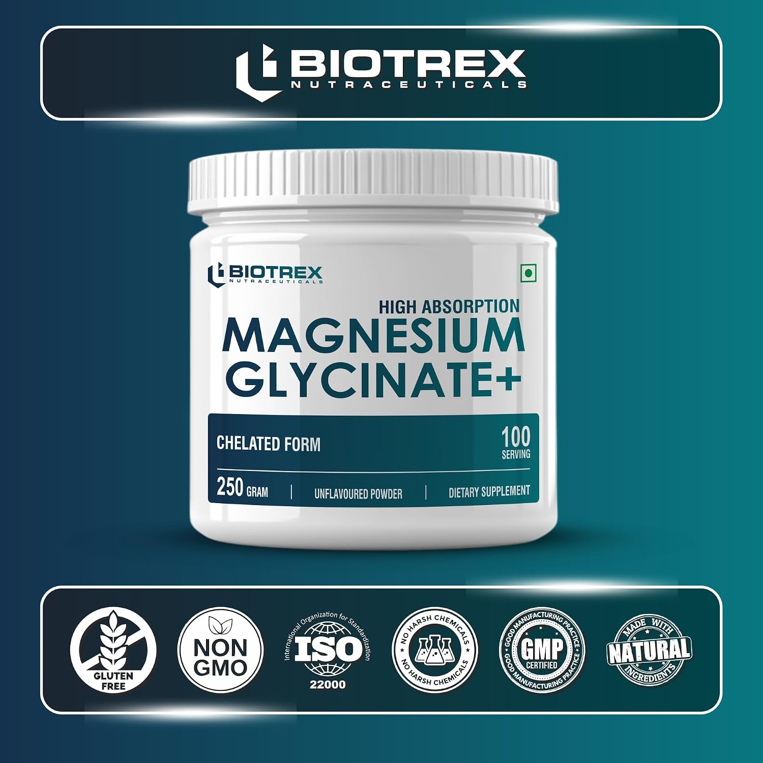 Biotrex Nutraceuticals Magnesium Bisglycinate Powder | Sleep, Cramps, Nerve & Muscle Health | Mood Balance & Energy Production | High Absorption - 250Gram (100 Servings)