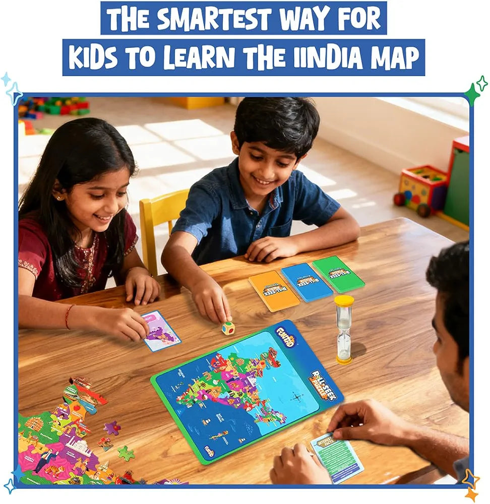Funtad Roll N Seek India Map Educational Board Game & Puzzle Learn Indian Sate Capital and Interesting Facts State Shaped Puzzle for Boys & Girls Age 6-12 yrs