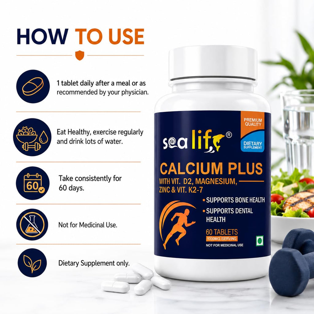 Sea Life Calcium Plus (60 Tablets) With Vitamin D2, k2-7 Magnesium & Zinc | Supports Stronger Bones, Teeth, Immunity & Muscle Health For Women and Men.
