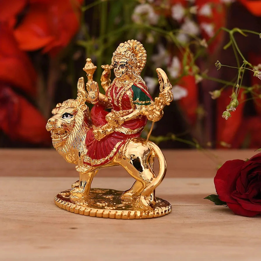 Collectible India Gold Plated Goddess Maa Durga Sherawali MATA Idol Statue for Car Dashboard