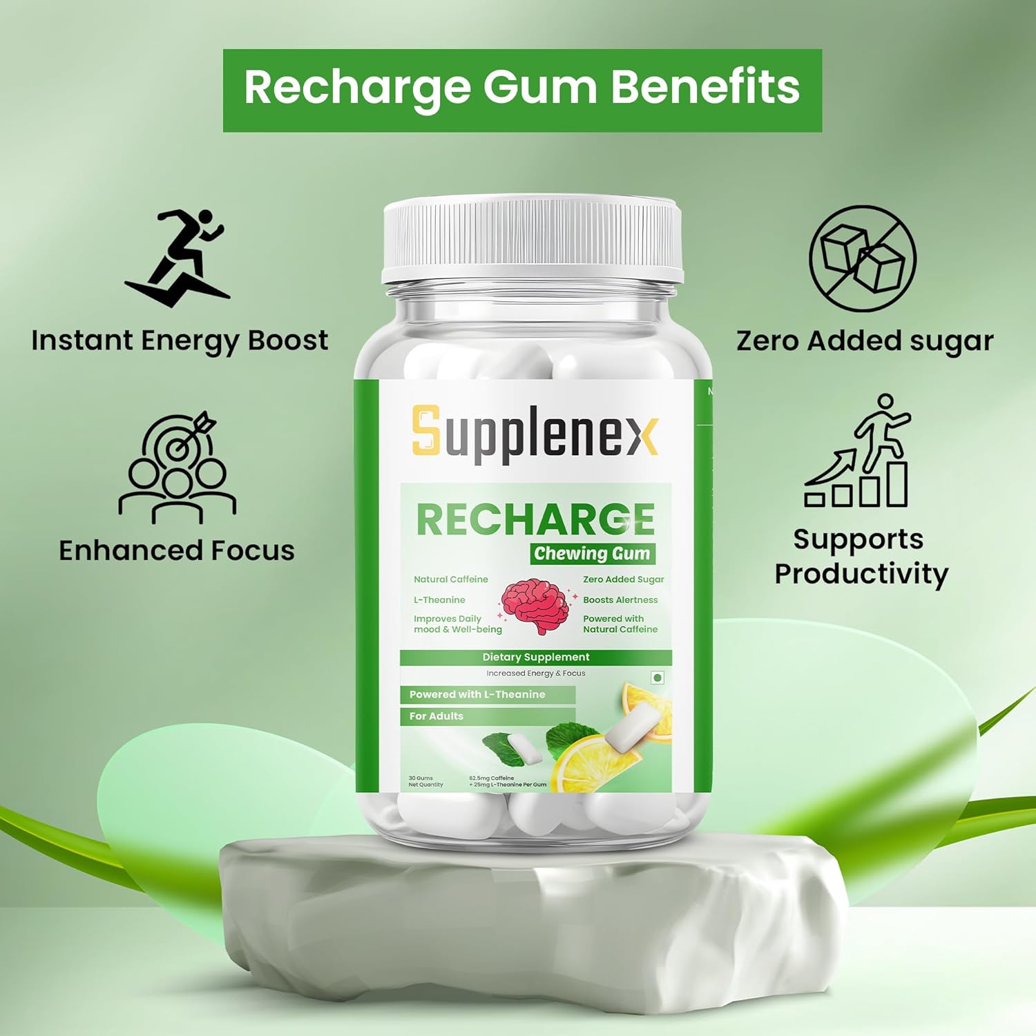NeuroGum & BrainFocus | Caffeine Energy Chewing Gum Sugar Free | 30 Gums with Caffeine & L-theanine for Energy, Memory + Focus Boost, Refreshing Mint Unisex