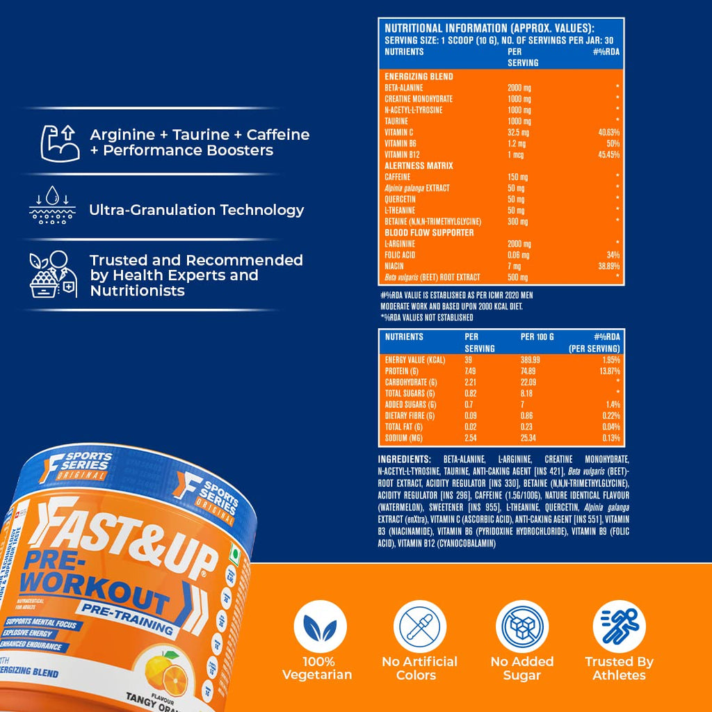 FAST&UP Pre-Workout(300 Gms,30 Servings,Orange Flavour) Powder -Supports Muscle Endurance, Pump, Energy & Mental Focus With Arginine, B-Alanine, Caffeine, Taurine, Vitamins, Minerals And Electrolytes