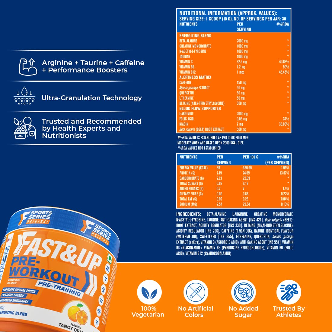 FAST&UP Pre-Workout(300 Gms,30 Servings,Orange Flavour) Powder -Supports Muscle Endurance, Pump, Energy & Mental Focus With Arginine, B-Alanine, Caffeine, Taurine, Vitamins, Minerals And Electrolytes