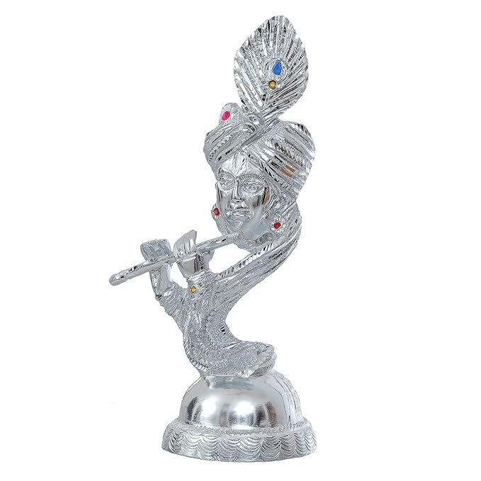 Ecraftindia Silver Metal Handcrafted Lord Krishna Playing Flute Statue | Decorative Showpiece