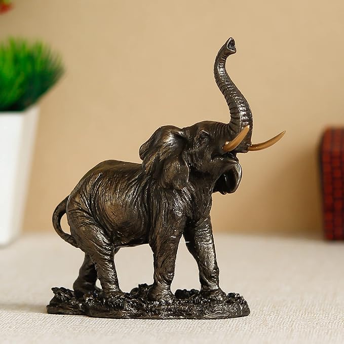 Ecraftindia Handcrafted Polyresin and Bronze Trunk Up Elephant Statue Animal Figurine Decorative Showpiece