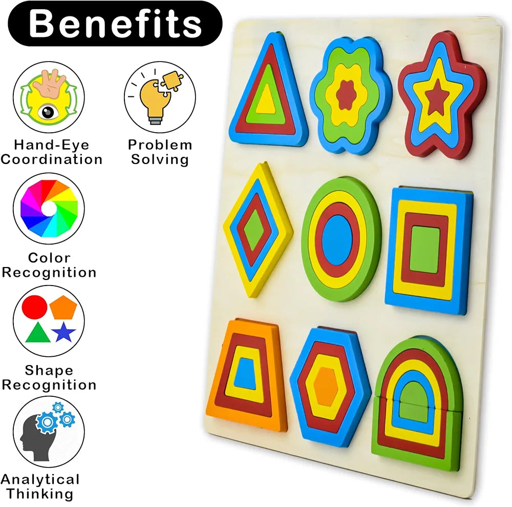 Wishkey Wooden Shapes Puzzle Learning Toy, Montessori Brain Teaser Puzzle Board with 9 Geometric Shapes, Interactive Game Educational Toys
