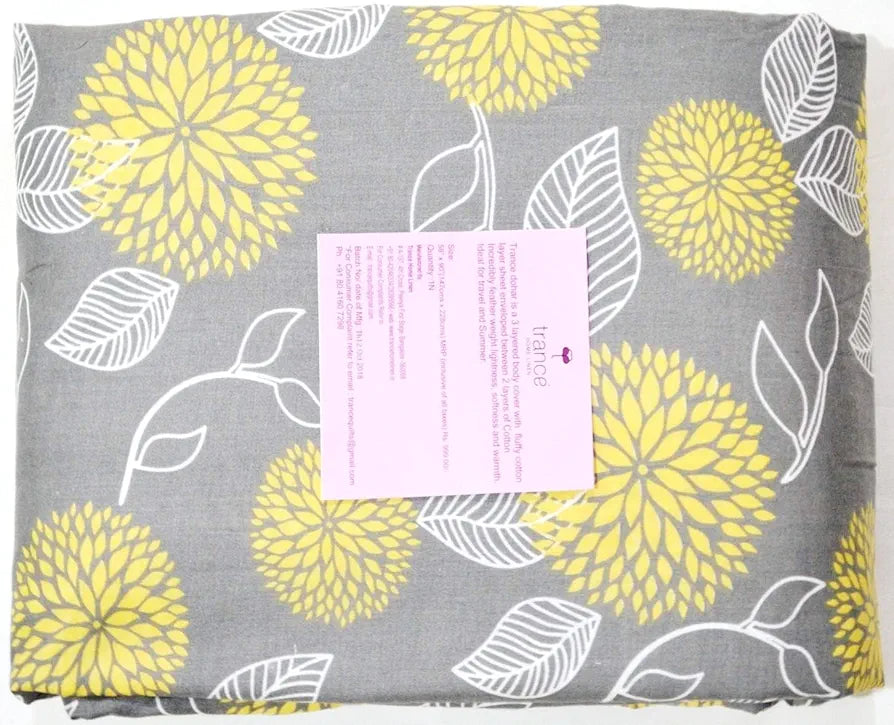 Trance Home Linen 150 GSM Pure Cotton Reversible Dohar Double Bed Size AC Blanket Comforter Soft Light-Weight Bed Blanket Colour Grey Yellow Abstract