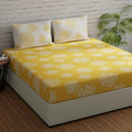 Huesland by Ahmedabad Cotton 144 TC Bedsheet for King Size Bed with 2 Pillow Covers | Yellow & White