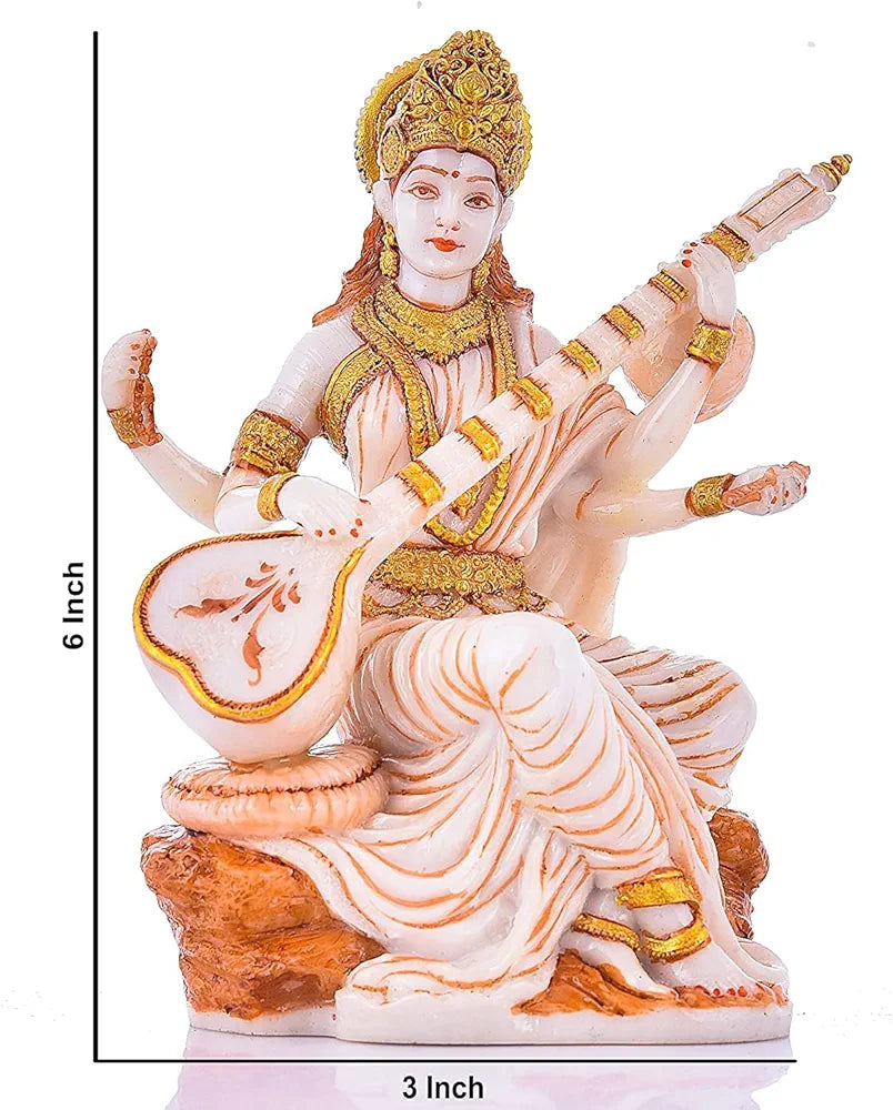 Sevliya Traders Marble Dust Saraswati Idol for Home Puja - 6 Inch