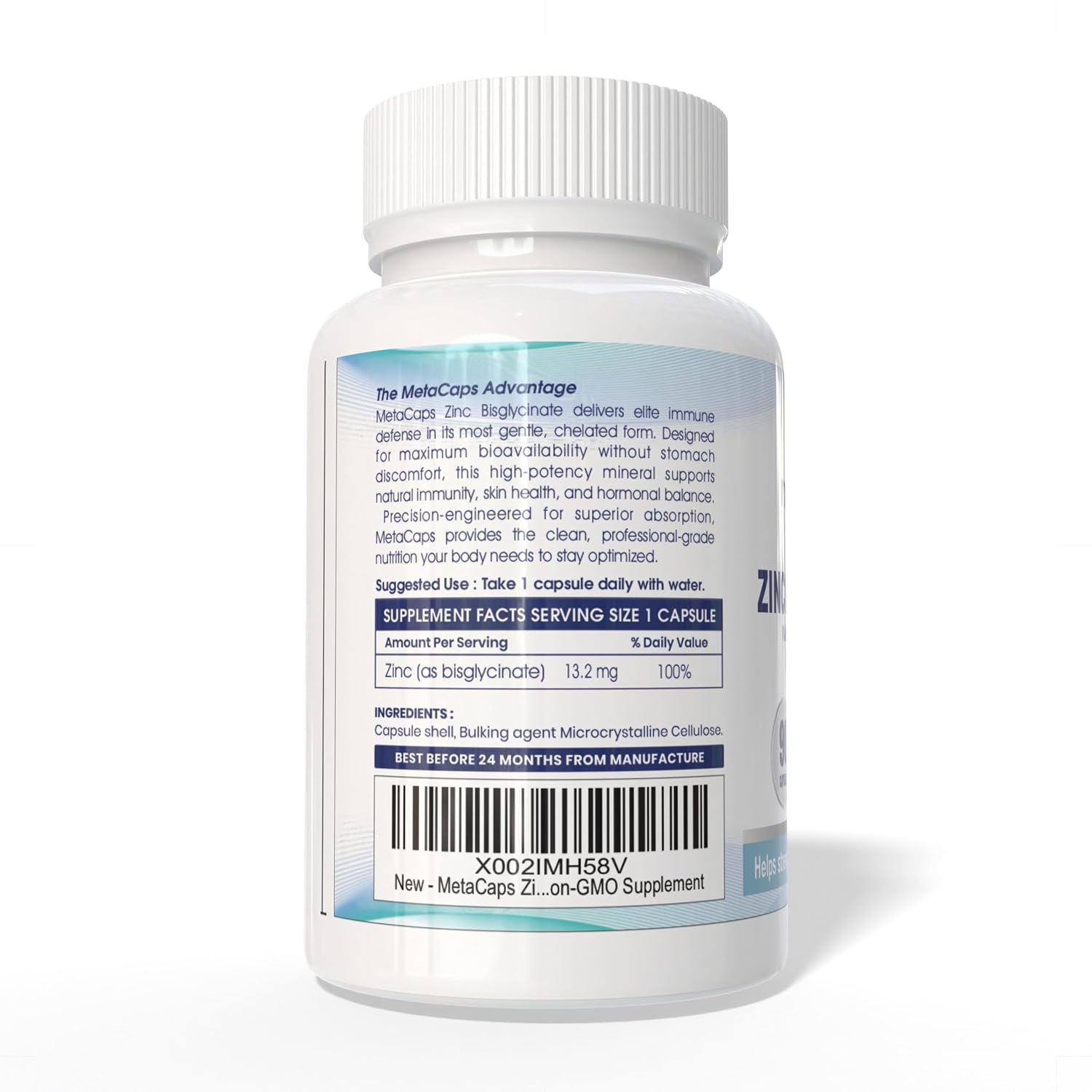 MetaCaps Zinc Bisglycinate – 90 Veg Capsules | High Absorption Chelated Zinc for Maximum Bioavailability | Gentle on Stomach & Non-Nausea Formula | Supports Immune Defense, Skin Health & Hormonal Balance | Vegan & Non-GMO Supplement