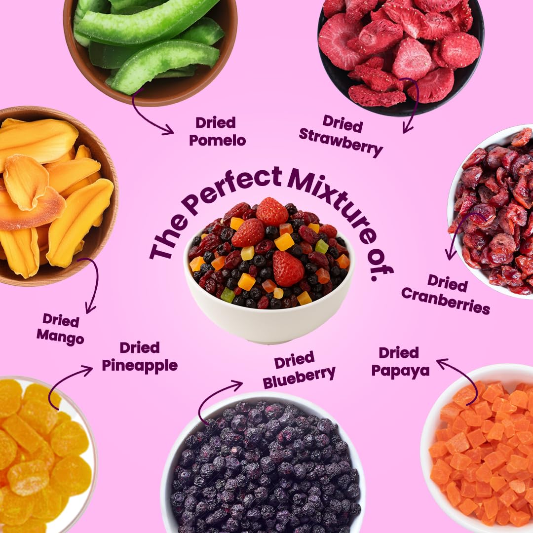 Livyor 7 in 1 Dried Fruits and Berry Mix for eating | Good Source of Fibre | Dried Cranberries | Pineapple | Pamelo | Papaya | Blueberries | Strawberries | Mango | Fruits & Berry Blast | Berries dry fruits | Berries fresh | Pack of 1
