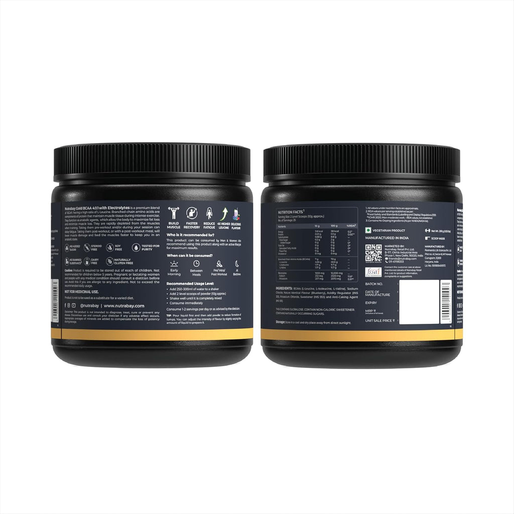 Nutrabay Gold BCAA 4:1:1 with Electrolytes 7000 mg Vegan BCAAs, 1000mg Electrolytes per Serving â€“ Intra/Post Workout Energy Drink for Muscle Recovery & Endurance - 250g, Berry Blast
