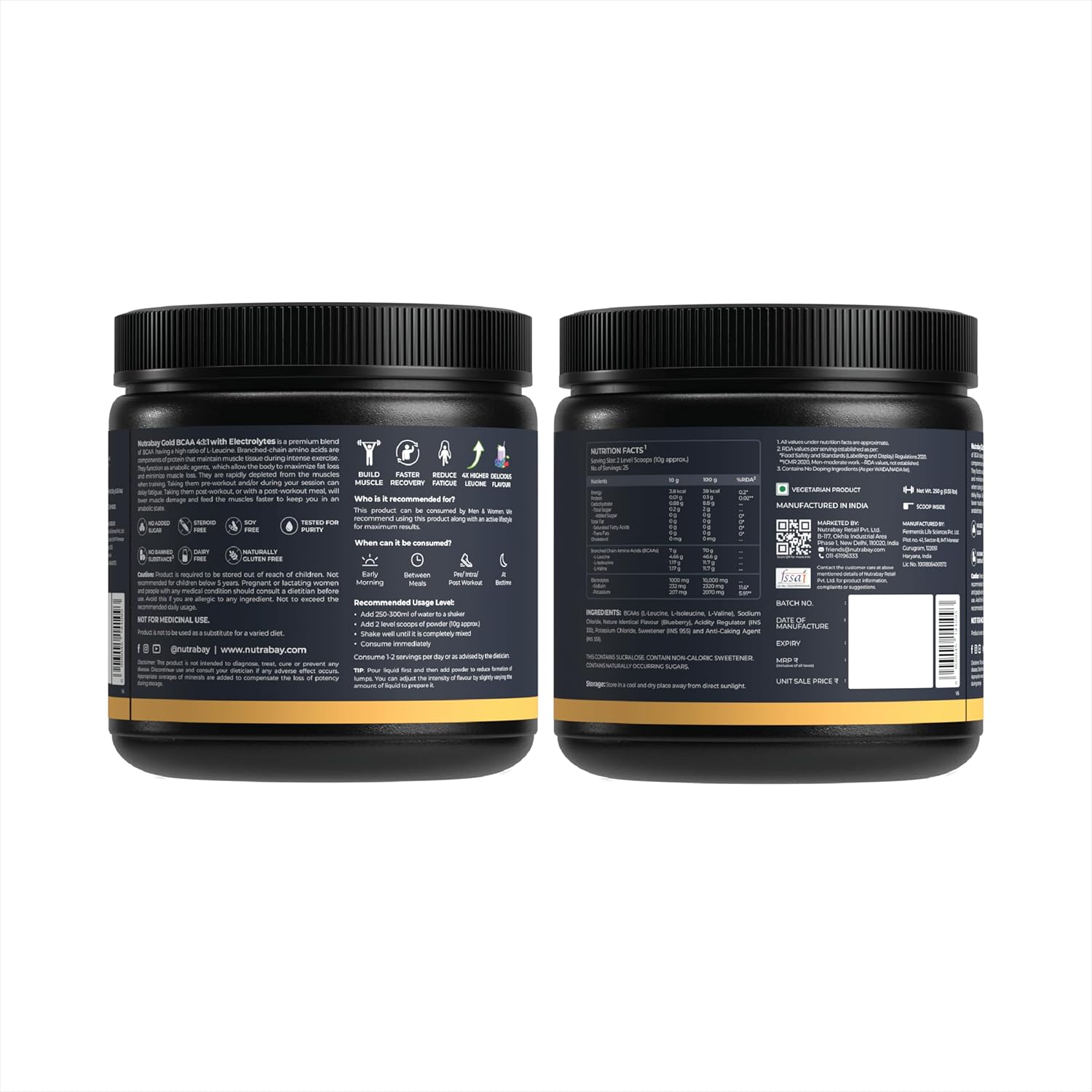 Nutrabay Gold BCAA 4:1:1 with Electrolytes 7000 mg Vegan BCAAs, 1000mg Electrolytes per Serving â€“ Intra/Post Workout Energy Drink for Muscle Recovery & Endurance - 250g, Berry Blast