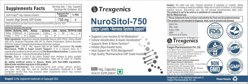 TrexgenicsÂ® NUROSITOL-750 Inositol-750 mg Pharmaceutical High Density Grade Nervous System, Cognition, Brain & Insulin Support(60 Veg. Capsules) (1)