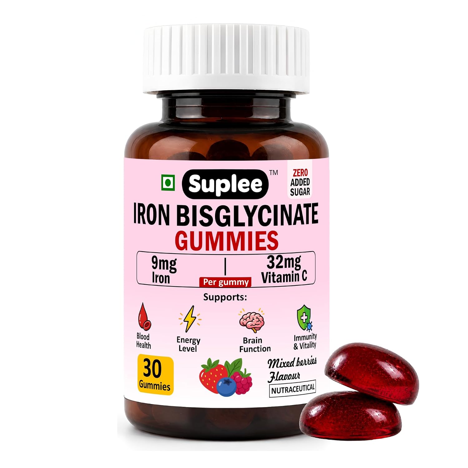 Suplee Chelated Iron Bisglycinate Gummies with Vitamin C Supplement | Mixed Berries Flavour, Zero Added Sugar, For Men, Women & Kids, 30 Gummies