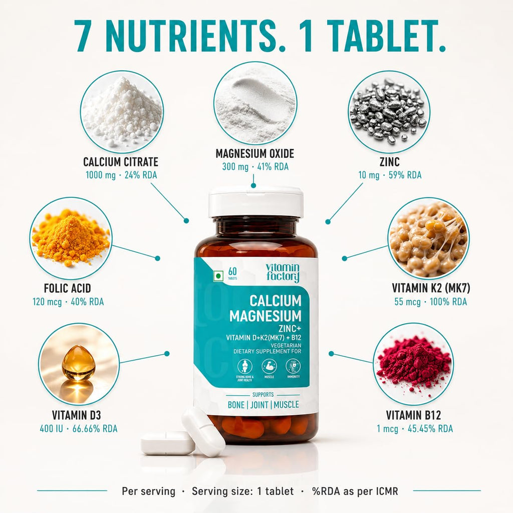 The Vitamin Factory Vitamin Factory Calcium Magnesium Zinc Tablets D3 K2 B12 | 60 Veg Tabs | 1000mg Calcium Citrate, gentle on stomach; bone, joint & muscle support for women & men; vegetarian, D3 K2 B12