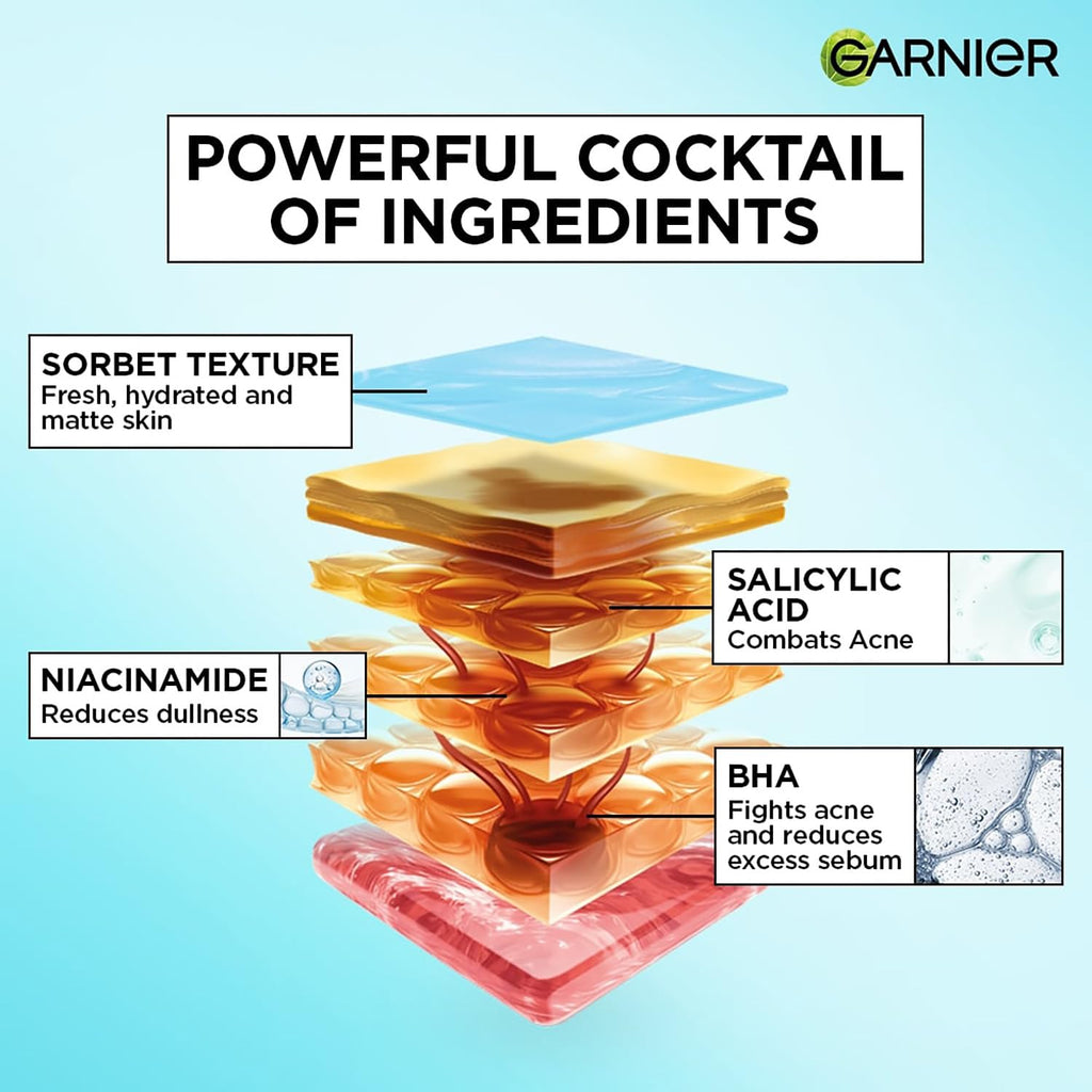 Garnier Fresh & Matte Salicylic Acid Sorbet Moisturizer Cream, Salicylic Acid + Niacinamide + Vitamin C, 9x Lighter Sorbet Cream, For Hydration & Oil Control, Suitable for Oily to Normal & Combination Skin, 90g