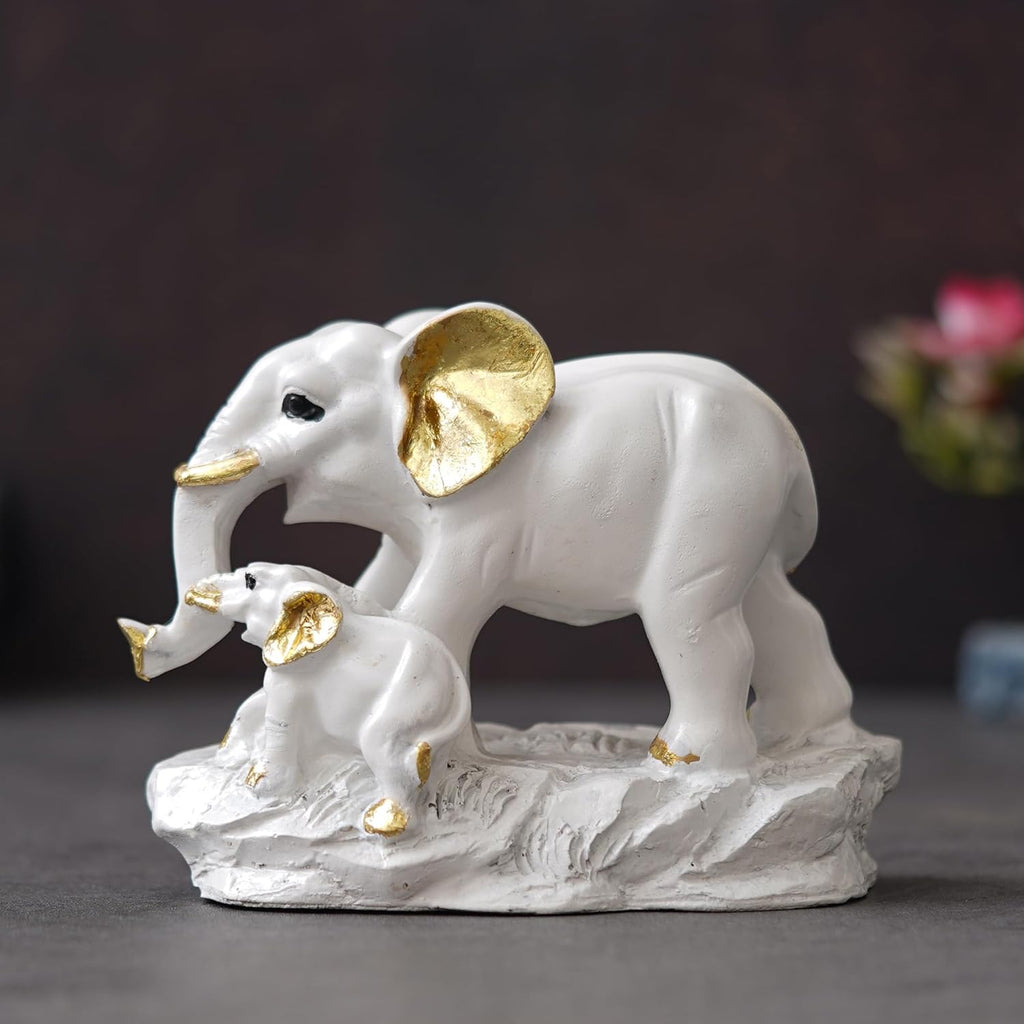 Ecraftindia White Golden Cute Elephant With Baby Elephant Statues Animal Figurines Decorative Showpieces