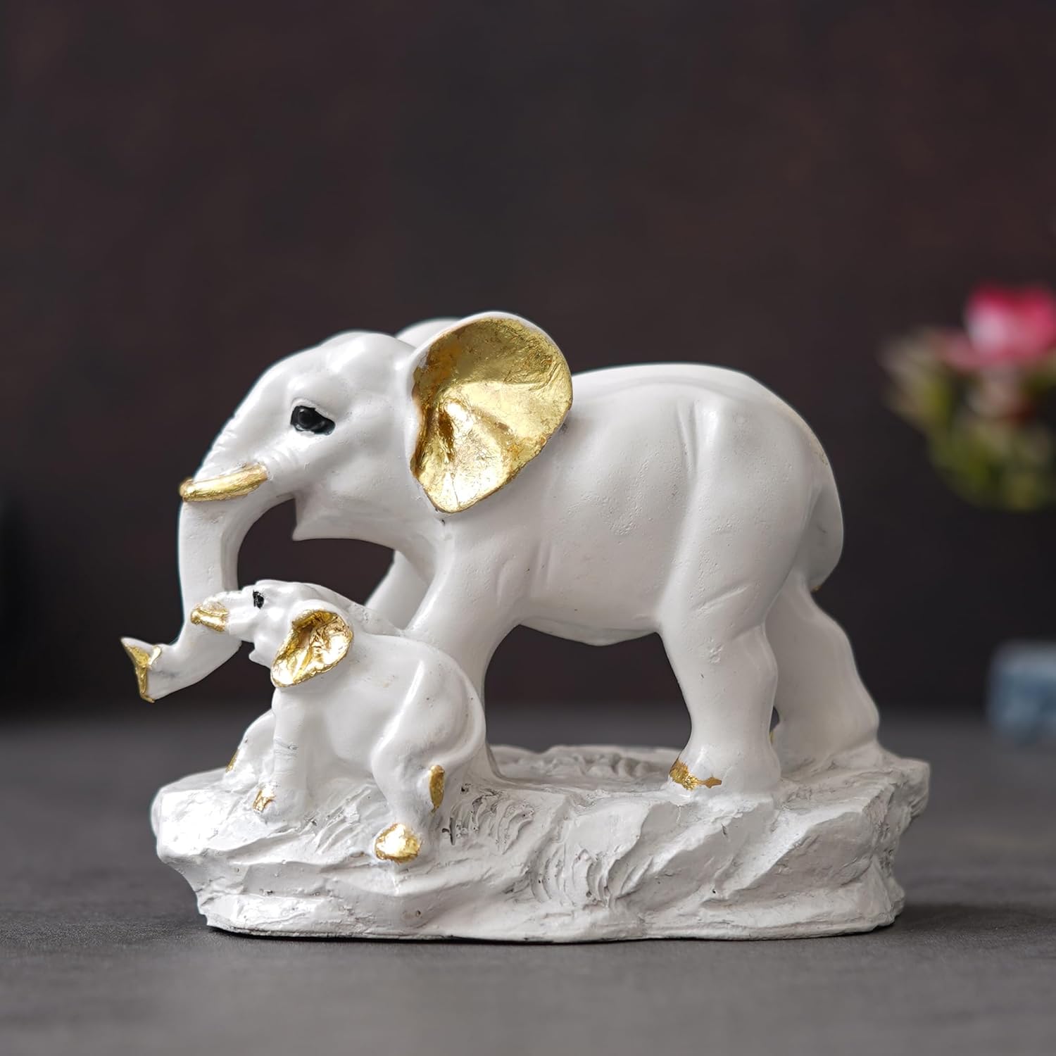 Ecraftindia White Golden Cute Elephant With Baby Elephant Statues Animal Figurines Decorative Showpieces