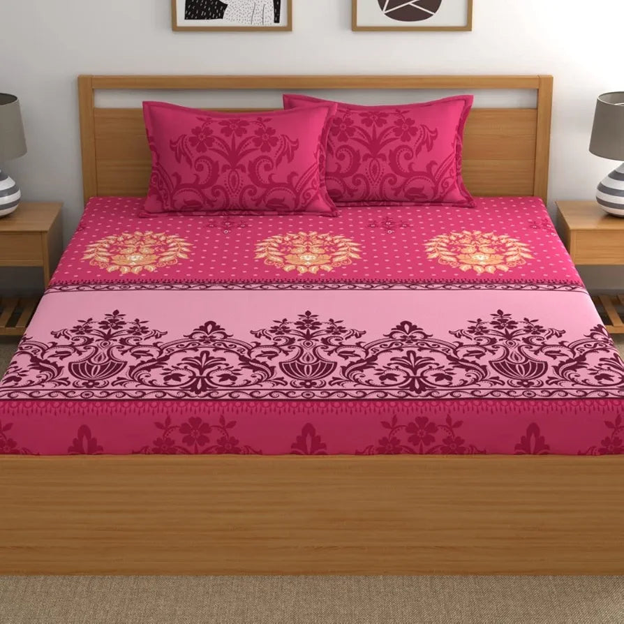 Dreamscape Cotton King Fitted Floral Bedsheet With 2 Pillow Covers Strawberry Splendour