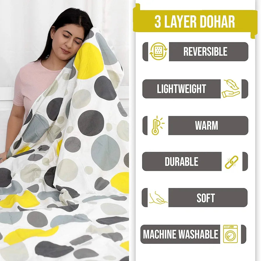 Divine Casa 100% Cotton Reversible Single Bed Dohar Lightweight & Soft AC Blanket Summer Quilt Colour Geometric Silver & Lemon