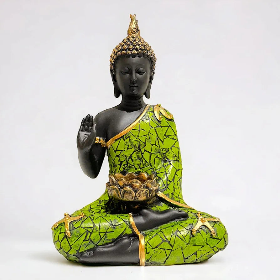 Neelaya Meditating Buddha Statue with Tealight Candle Holder Polyresin Showpiece 28 cm Black Green