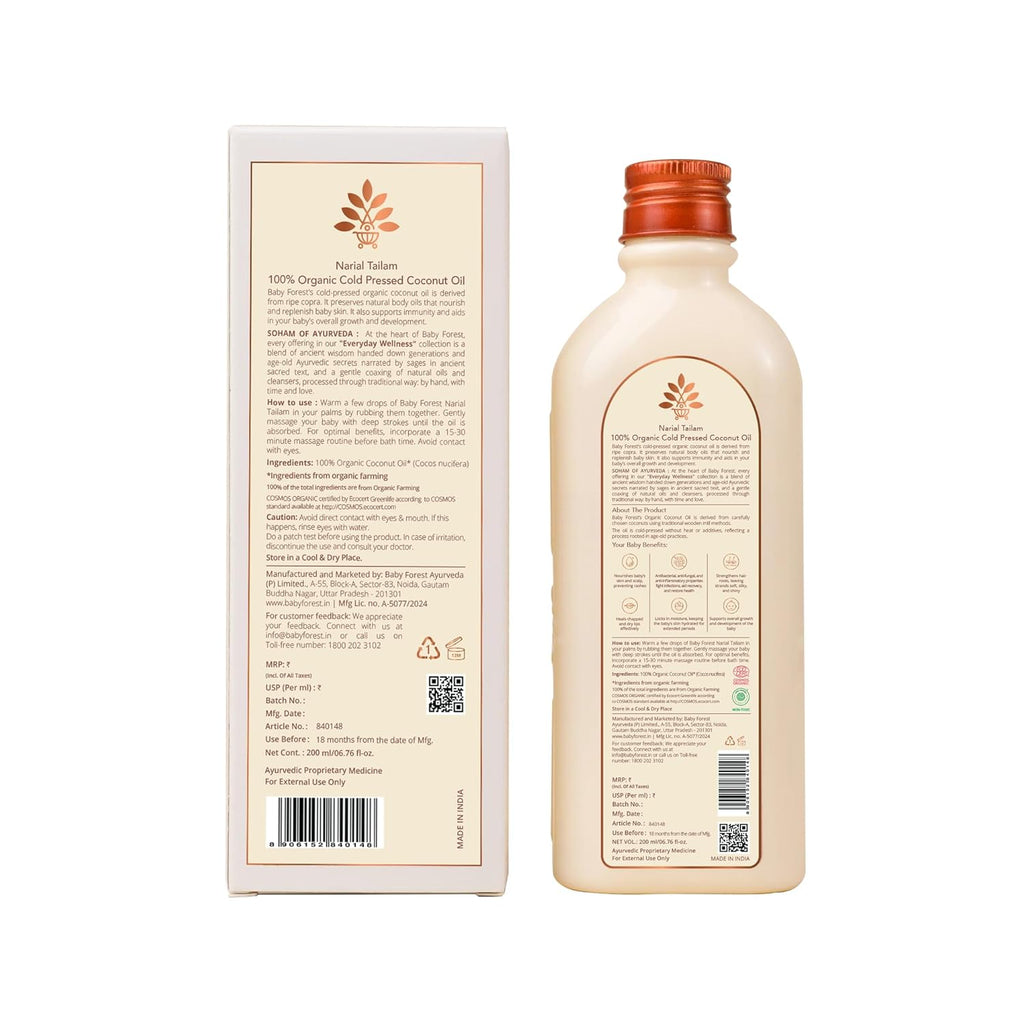 Baby Forest Narial Tailam Organic Cold Pressed Coconut Oil for Baby Skin & Hair Care | 100% Natural & Ayurvedic | Derma Safe & Cruelty-Free | Coconut Oil for Newborn Massage | 200ml