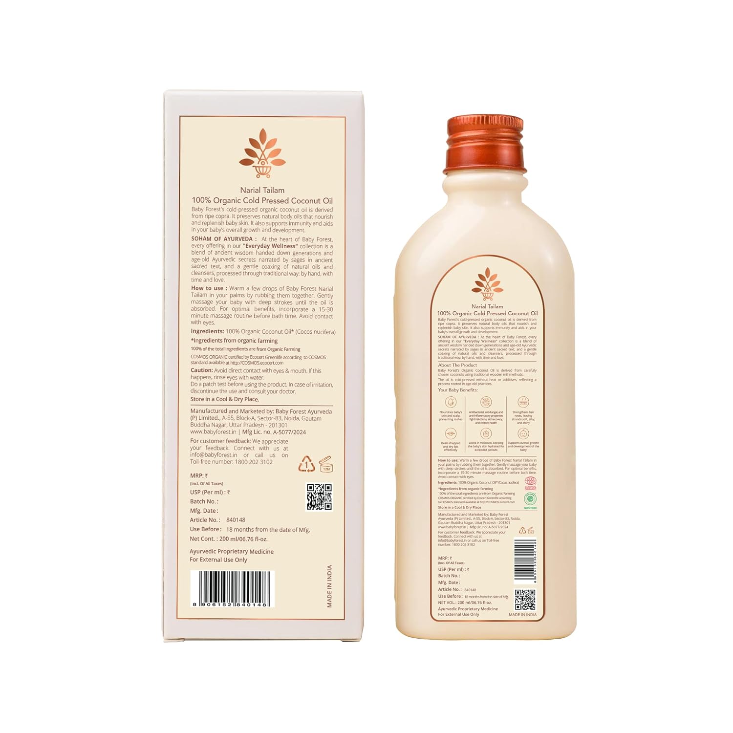 Baby Forest Narial Tailam Organic Cold Pressed Coconut Oil for Baby Skin & Hair Care | 100% Natural & Ayurvedic | Derma Safe & Cruelty-Free | Coconut Oil for Newborn Massage | 200ml