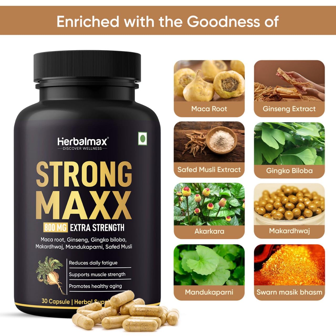 Herbal Max Strong Maxx Maca Root Capsules â€“ 800 mg | 30 Vegetarian Capsules | Natural Energy & Vitality Booster | Ayurvedic Supplement for Men & Women