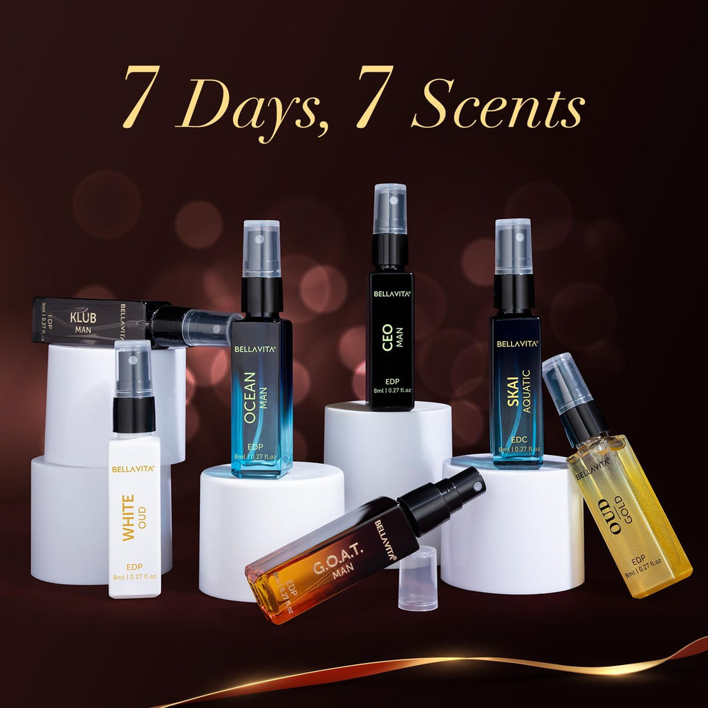 BELLAVITA Discovery | Long Lasting EDP 7x8ml Perfume Gift Set for Man | Woody, Oud and Fresh Premium Fragrance for Men | Ideal for Every Moment