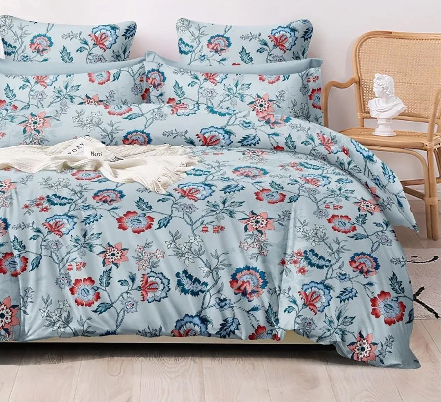The Home Style Supersoft Cotton Feel Glace Cotton King Size Printed Flat Double Bedsheet wih 2 Pillow Cover 400 TC Bluebell Flower