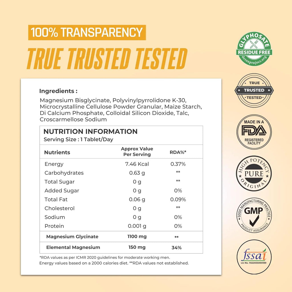 Naturaltein Magnesium Glycinate 1100mg (150mg Elemental) | Chelated High Absorption Magnesium | Supports Sleep Quality & Normal Muscle Function | Glyphosate Tested | 30 Tablets
