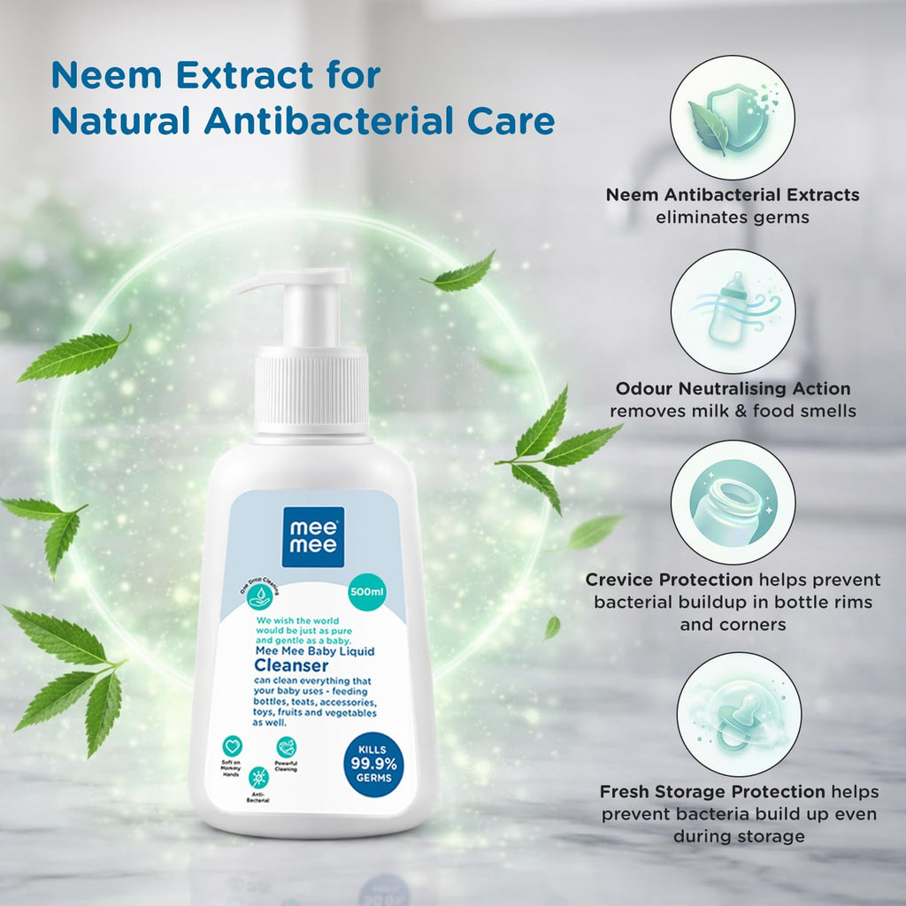 Mee Mee Baby Liquid Cleanser 500 ml, Anti-Bacterial Kills 99.9% Germs | for Bottles, Nipples, Accessories, Toys, Fruits & Vegetables | No Alcohol, Dermatologically Tested