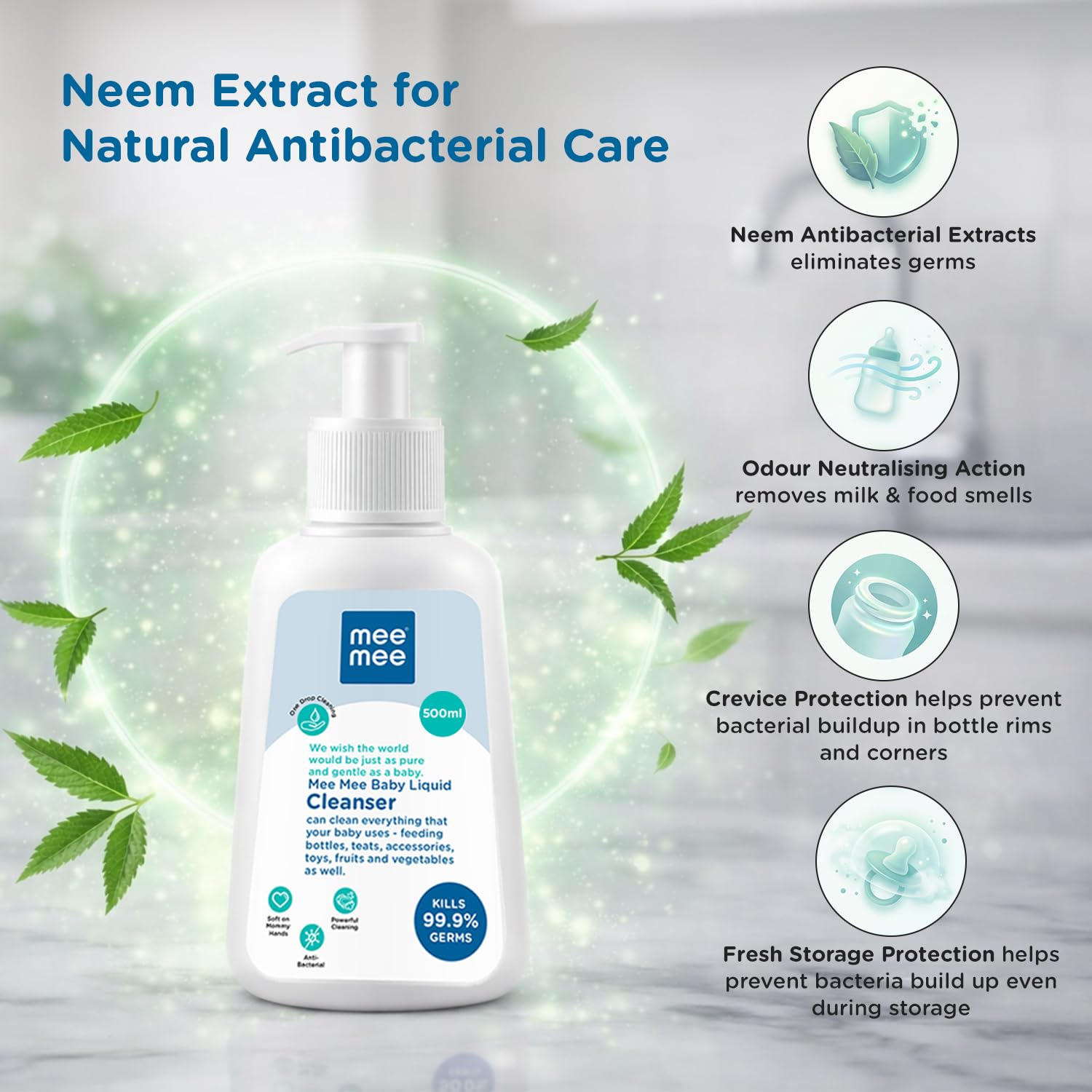 Mee Mee Baby Liquid Cleanser 500 ml, Anti-Bacterial Kills 99.9% Germs | for Bottles, Nipples, Accessories, Toys, Fruits & Vegetables | No Alcohol, Dermatologically Tested