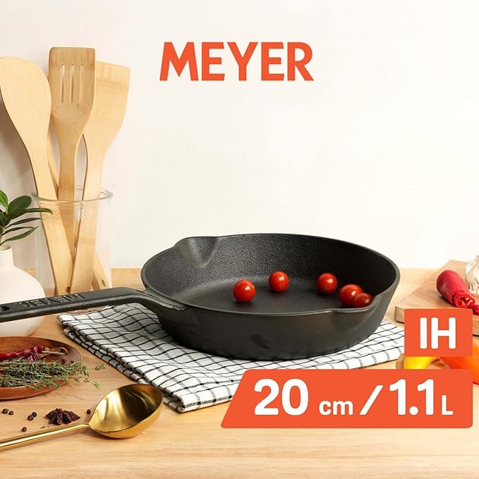 Meyer Pre-Seasoned Cast Iron Frypan Cast Iron Skillet |Induction Frying Pan 20cm|1.61L Black