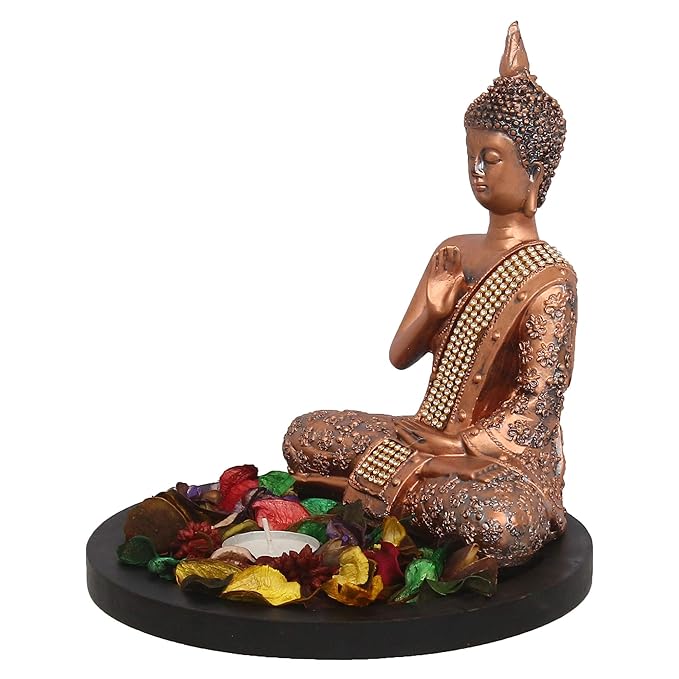 Ecraftindia Copper Finish Meditating Buddha Decorative Showpiece With Wooden Base | Fragranced Petals and Tealight